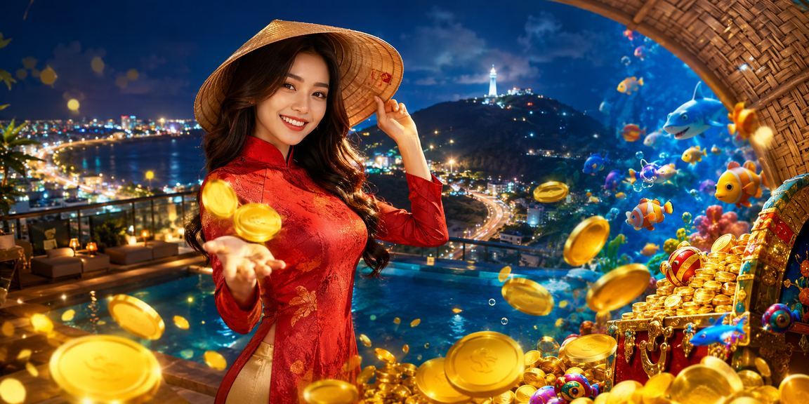 Phụ nữ Vũng Tàu đội nón lá sử dụng ứng dụng casino trên điện thoại bên bờ biển